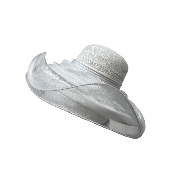 2 Fancy Hats High Tea Wedding Event Dressy White & Black Sheer Ruffle One Size - Picture 4 of 15